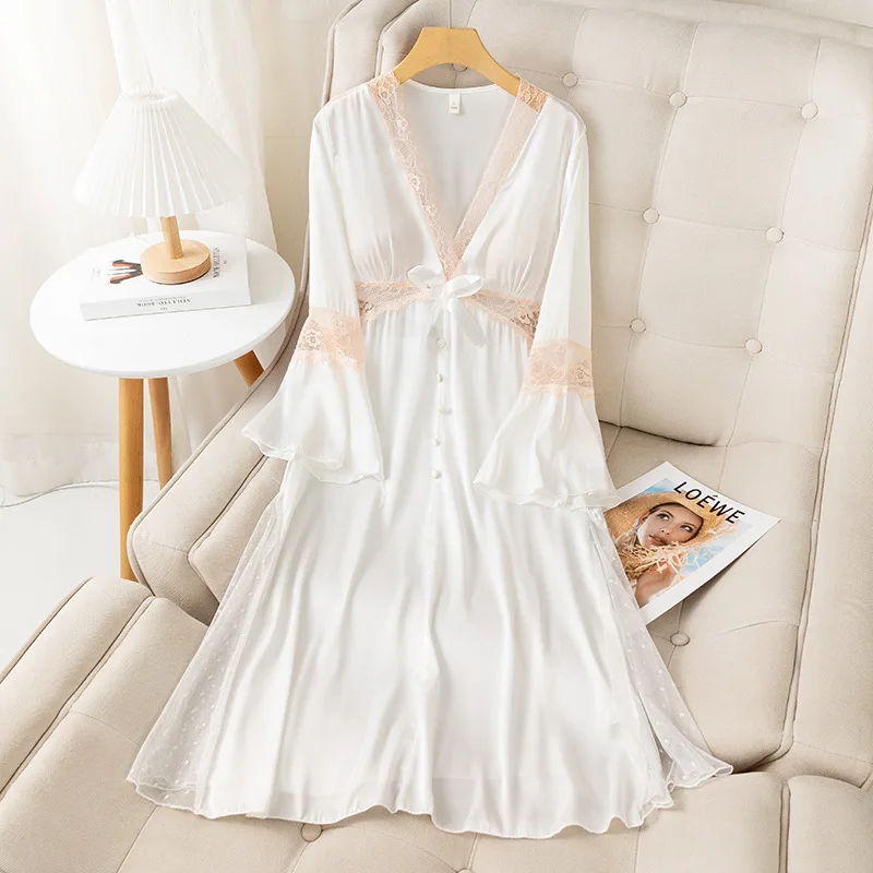 Summer Women Nightgown Dress V-Neck Sleepwear Lace Nightwear Bathrobe Long Sleeve Nightdress Satin Dressing Gown Loungewear