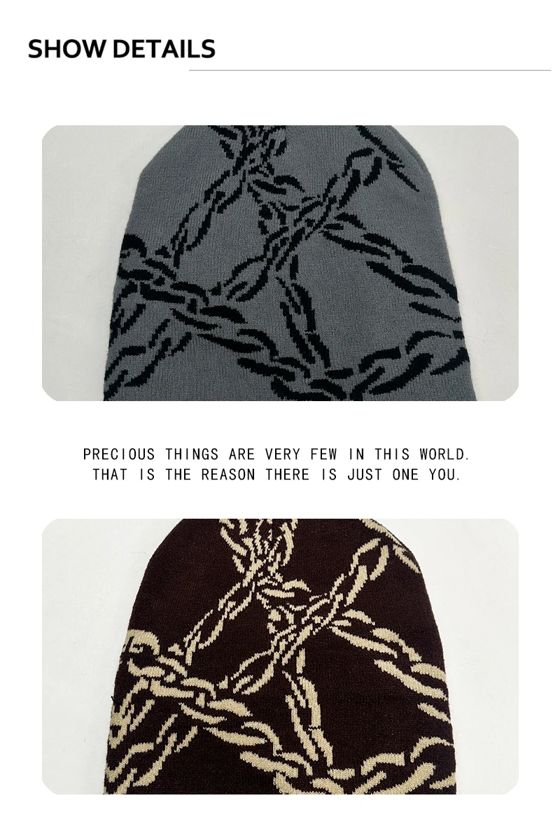 Neue Herren- und Damenmützen im Dark-Style, Hip-Hop-Jacquard-Kettenmuster, gestrickt, warm, Farbblock-Design, vielseitig, personalisierbar, für Outdoor- und Streetwear – Detail 3