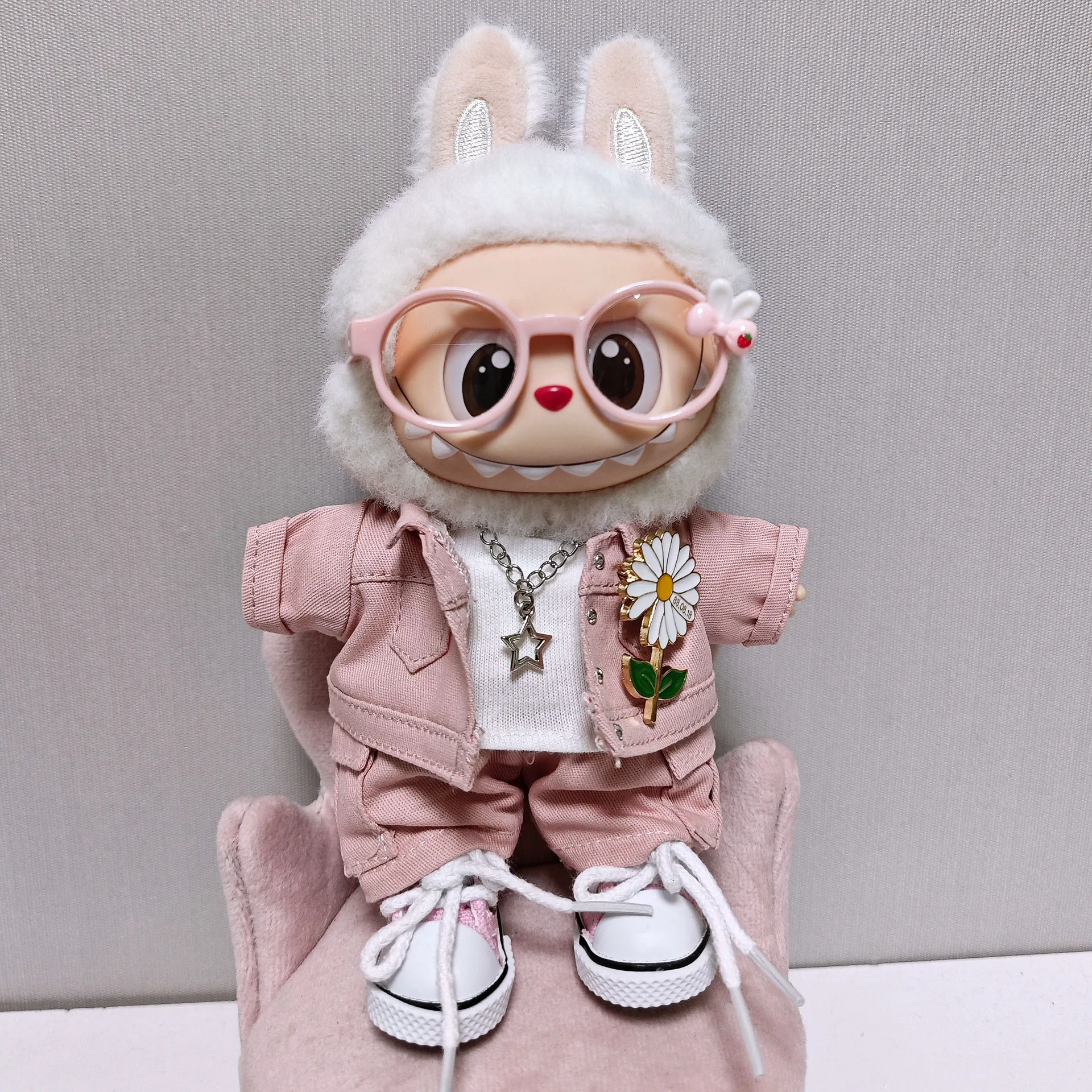 Tenue de veste en jean rose Labubu, costume de style hip hop adapté à la poupée Labubu de 1ère 2e et 3e génération (pas de poupée incluse)