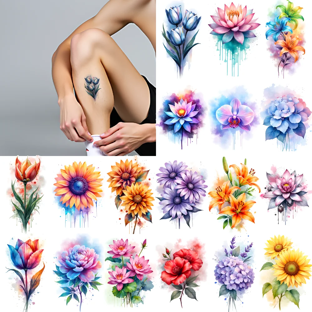 

9pcs Temporary Tattoo Sunflower Waterproof Long-lasting Body Stickers Daffodil Tulip Temporary Tattoo Stickers Orchid For