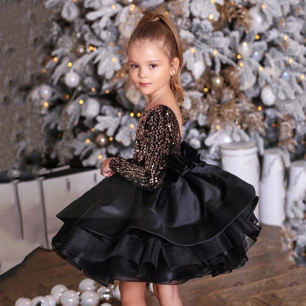 

Black Flower Girl Dresses For Weddings Knee Length Sequined Fluffy Bow Kids Princess Birthday Party First Communion Ball Gown