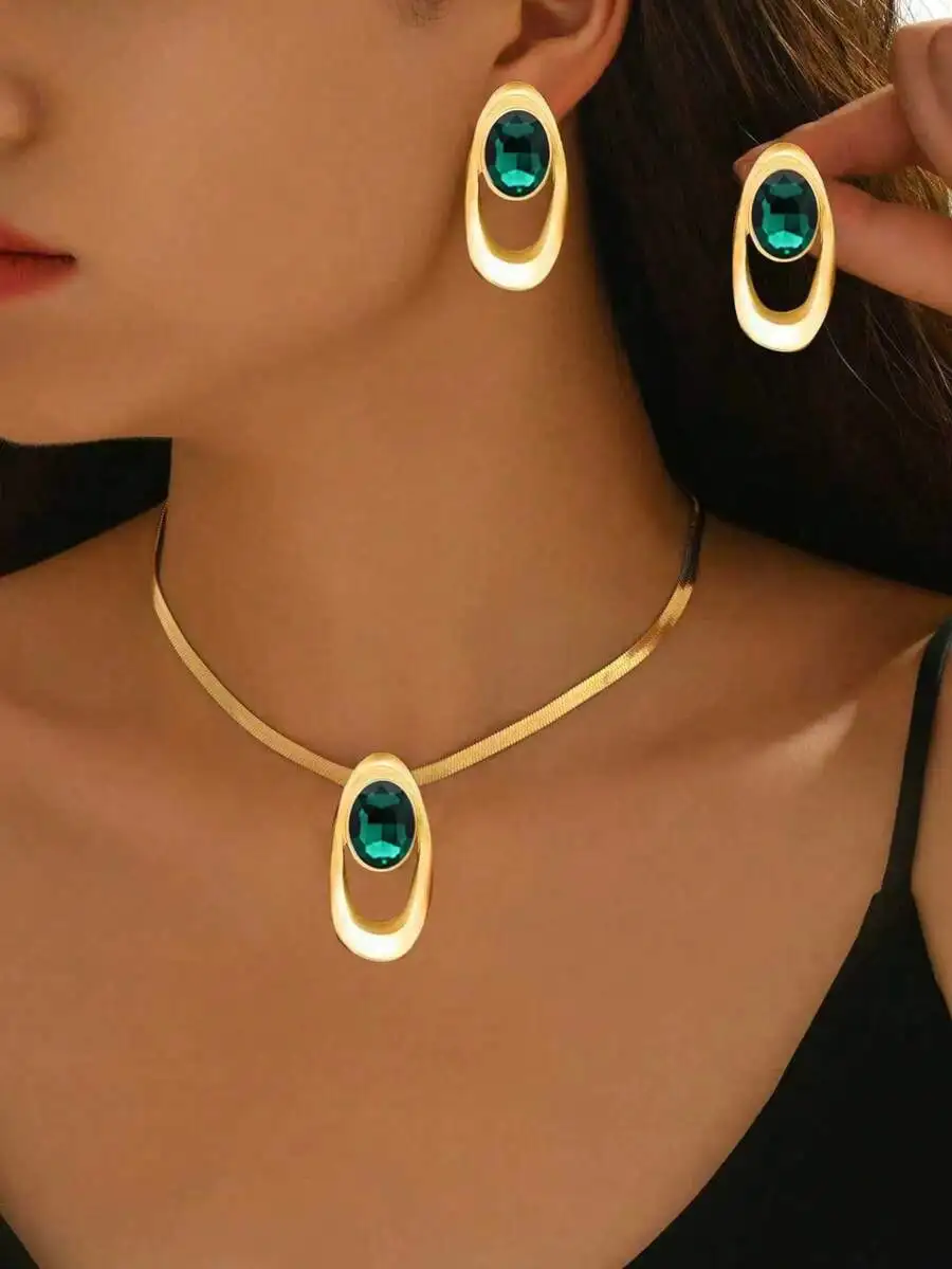 Golden Asymmetrical Oval Pendant Necklace And Earrings Set With Emerald Green Crystal For Women Daily Party Wear