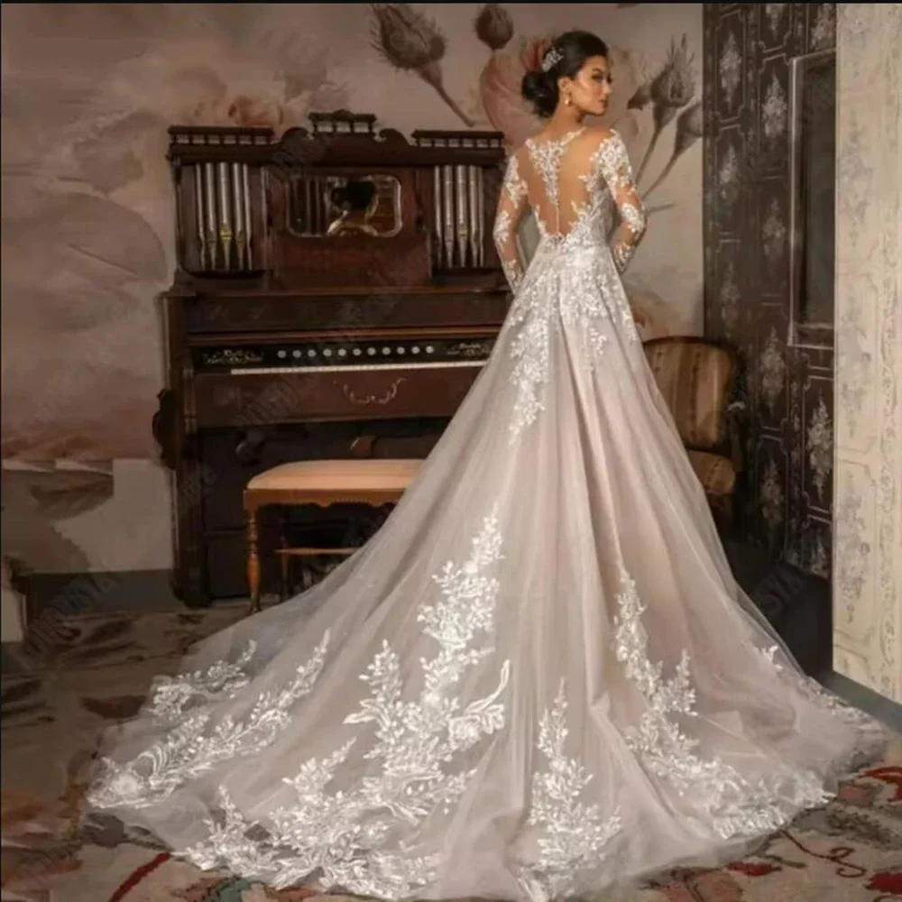 Personalizado elegante a linha vestido de casamento colher pescoço mangas compridas ilusão tule voltar vestidos de noiva renda applique novia