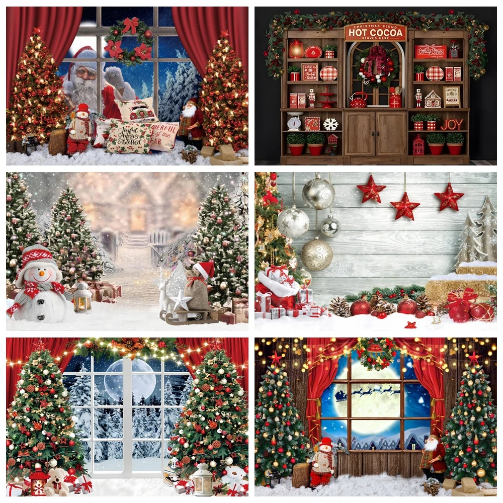 Christmas Photography Backdrop Fireplace Christmas Tree Window Gift Snow Family Party Baby Portrait Photography Background Decor