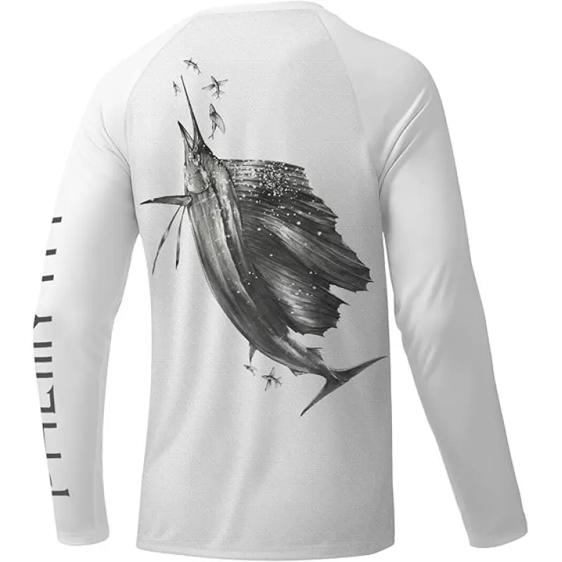 Sudadera con capucha para pesca para hombre, ropa de pesca con estampado 3D de pez volador, camiseta de manga larga con cuello redondo transpirable de secado rápido
