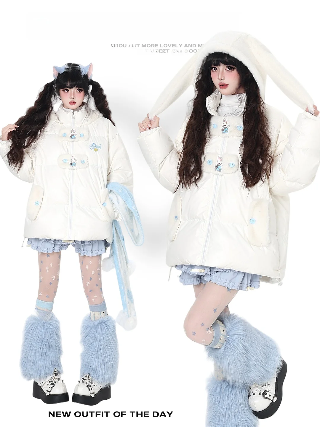 

Crazygirl Winter Thiened Warmth Du down Jaet Women's Loose Fit Hat Inteated Cute Rabbit Ear Coat Daily Wear