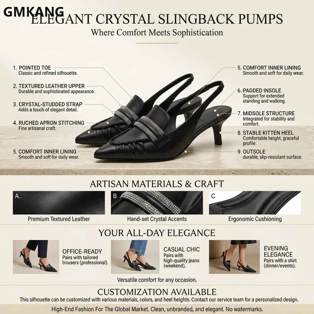 Women's Kitten Heels Pointed Toe Slingback Pumps, Suede Leather Summer Sandals with Chain Bead Ankle Strap, Elegant