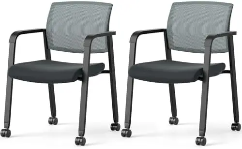Rolling Conference Room Chairs Set of 2, Stackable Office Guest Mesh Chairs with Armrests and Wheels, Ideal for Waiting