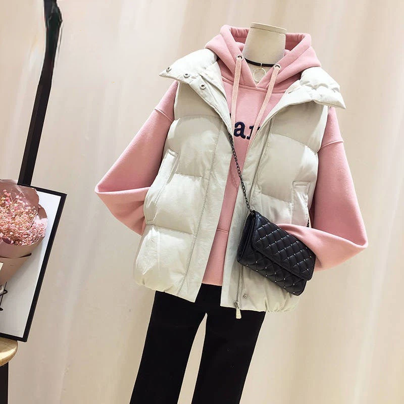 

New Women's Casual Down Cotton Vest Autumn Winter Cold Warm Waistcoat Fashion Windproof Hooded Parka Overcoat Oversize 5XL