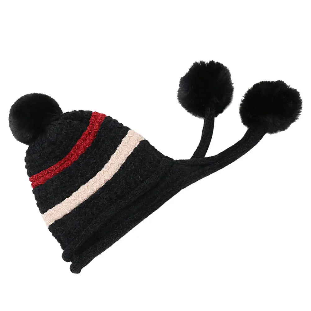 

Women Wool Knitted Black Winter Hat Warm Ski Cap Hair Ball Design Lightweight Headgear for Hiking Snowboarding Ice Skating