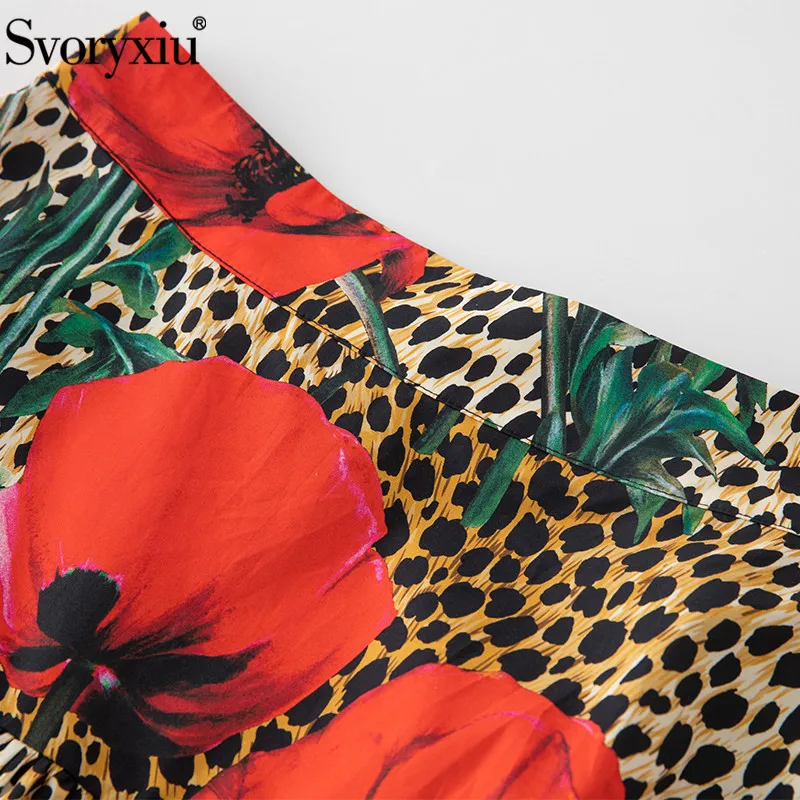 Svoryxiu High Quality Runway Summer Vintage Cotton Skirt Women Leopard Rose Print High Waist Pleated Holiday Party Skirts