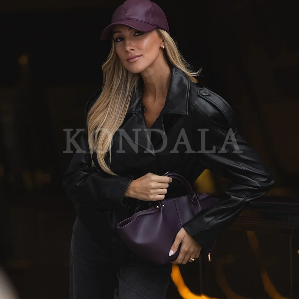 KONDALA 2025 Herfst Winter PU Leer Streetwear Vrouwen Zwarte Jassen Mode Sjerpen Kraag Dames Elegante Chic Jassen