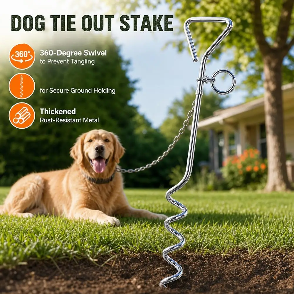 Dog Tie Out Stake 41cm Heavy Duty Spiral Ground Anchor Heavy Duty Chrome Plated Steel Pet Tether Stake with 360 Swivel Ring