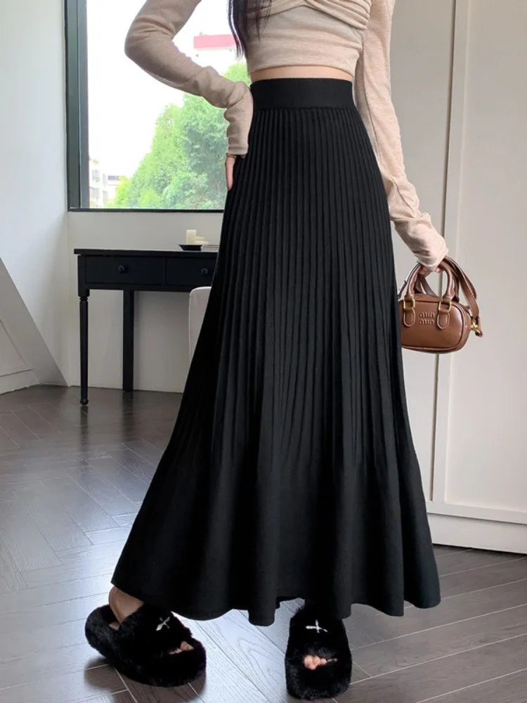 Knitted Fish Tail Skirt Women's Autumn Winter New Sle Elegant Drapey a Line Pleated Long Skirt High Waist Korean Sle Commute