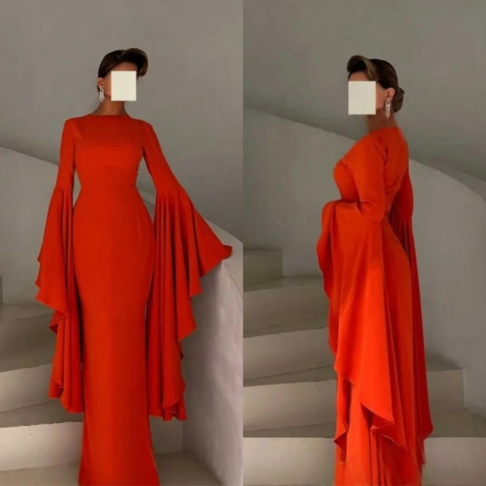 

Customized Delicate orange Jersey Evening Dress High Quality Crew Neck Long Sleeves Cocktail Dress Classic Celebrity Gowns