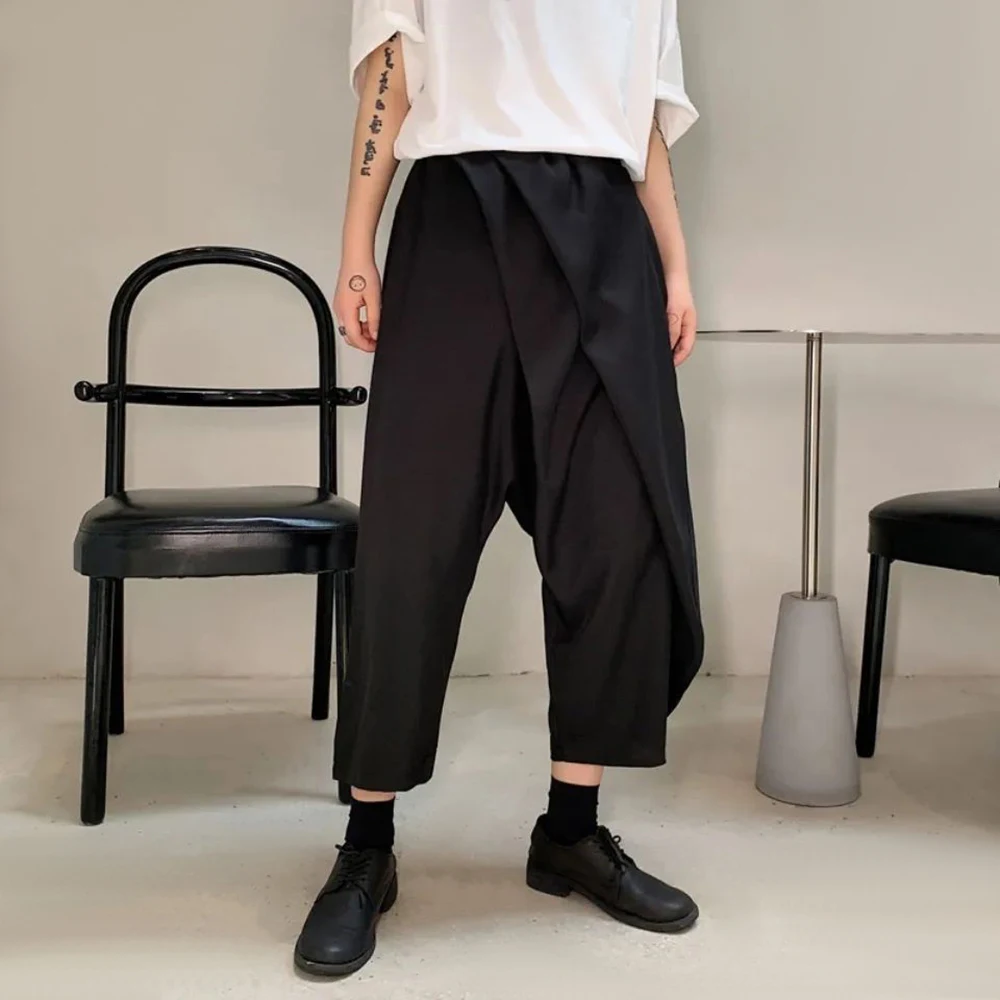 Men Double-Layer Irregular Pleated Wide-Leg Pants 2024 New Genderless Dark Style Retro Loose Solid Color Nine-Point Pants Unisex