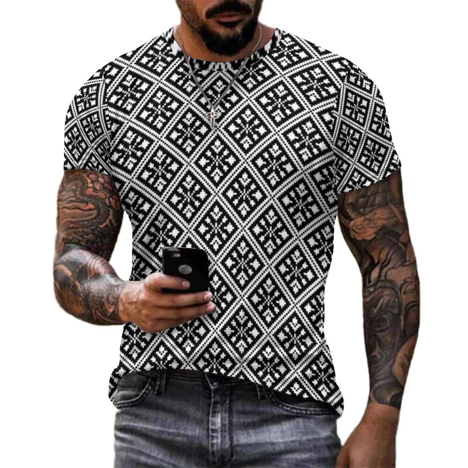 Black And White Nordic Lines T-Shirt For Man Christmas Snowflakes Design O Neck T-Shirts Harajuku Clothes Y2K Casual Tee Shirt