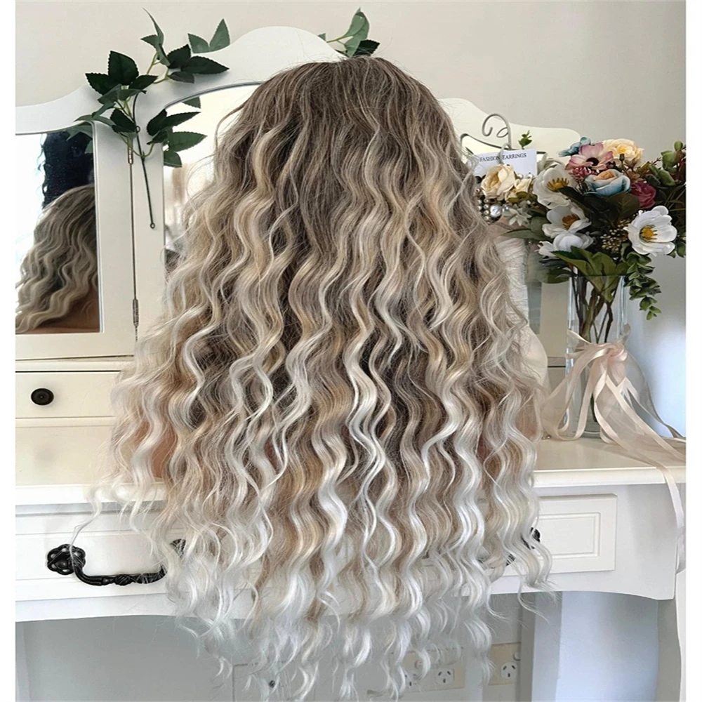 Highlight Ombre Ash Platinum Blonde Color Curly Synthetic Lace Front Wig  Women Heat Resistant Hair Preplucked Hairline 22 Inch