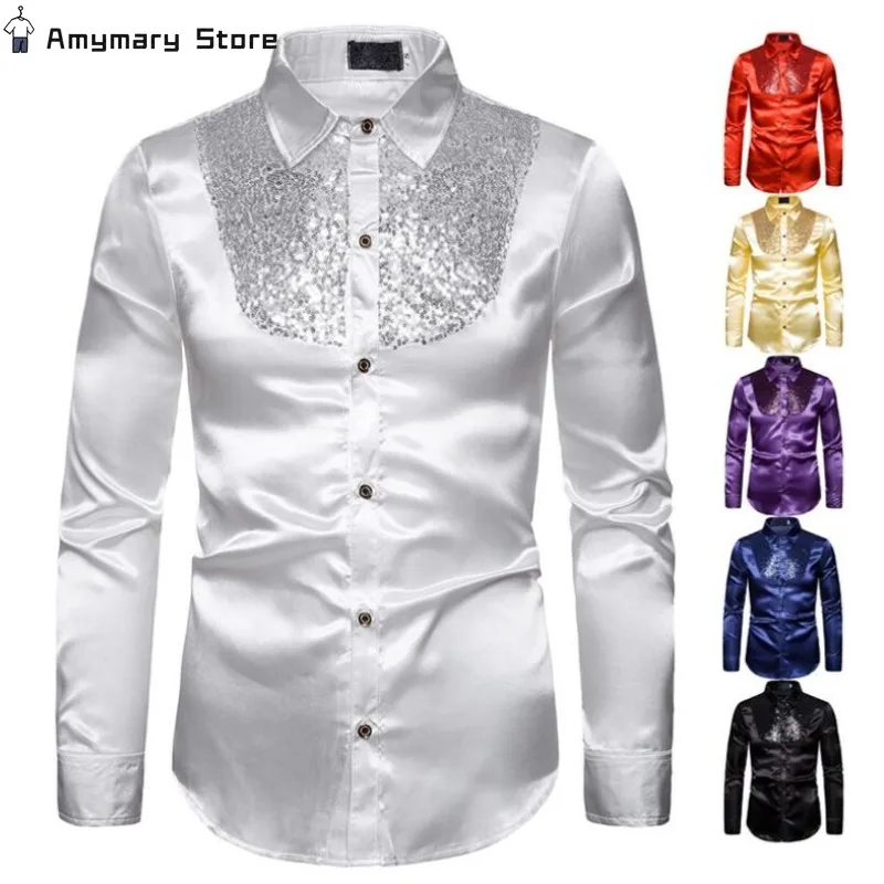 

Men's Sequined Shirt Stage Performance Costume Wedding Groom Emcee Lapel Long Sleeve Shirt Solid Color Business Commuter Shirt