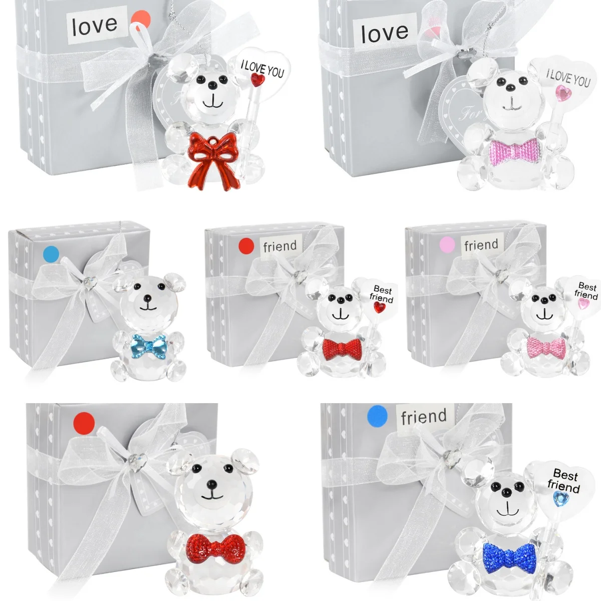 Transparenter Kristall-Teddybär Ornament mit 'Ich Liebe Dich' Schriftzug, Rote und Rosa Schleife, Niedlicher Bär für Heimdekoration, Hochzeit, Valentinstag Geschenk