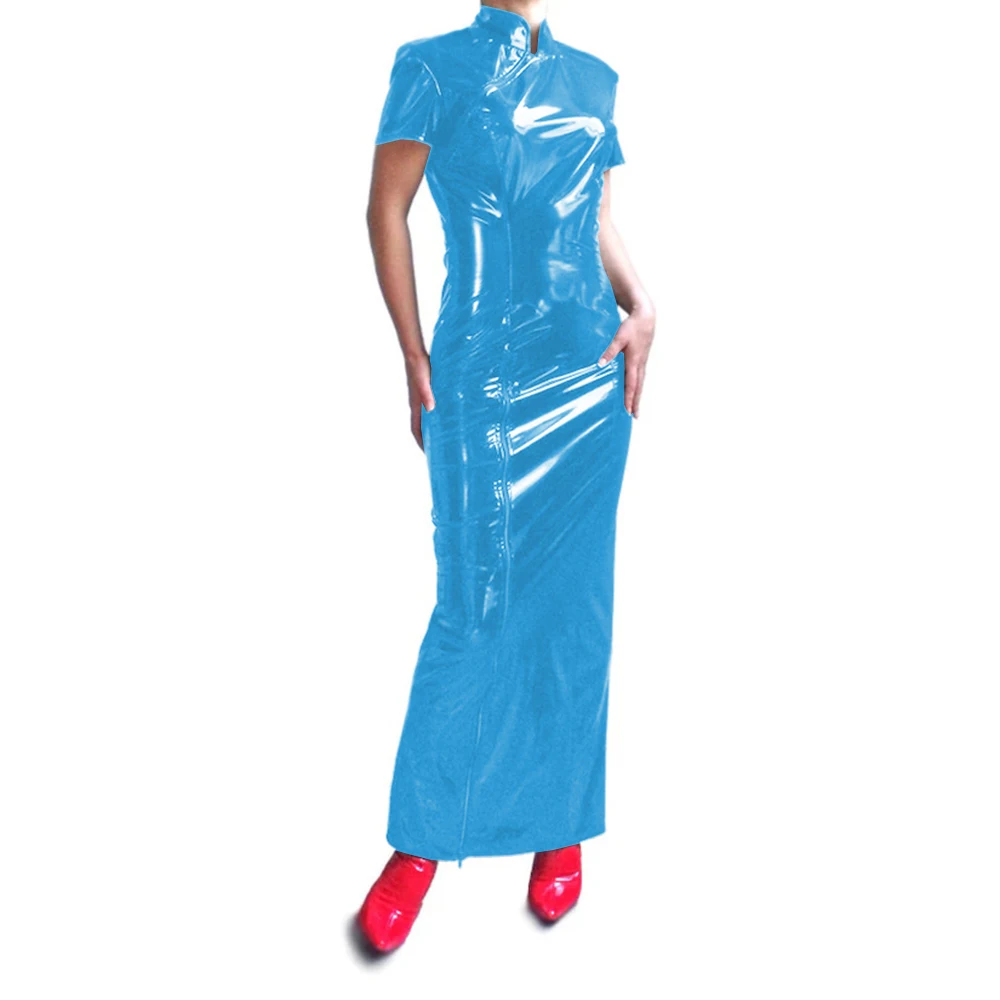 فستان طويل لامع مثير للنساء، PVC، لامع، كم قصير، لامع، جلد صناعي، مقاس نحيف، ثوب شيونغسام، ملابس الحفلات الليلية