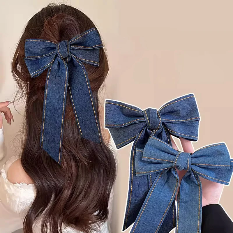 

Korean Girls Denim Hair Bows Clip for Women Large Handmade Bowknot Hairpins Vintage Female Hair Accessories