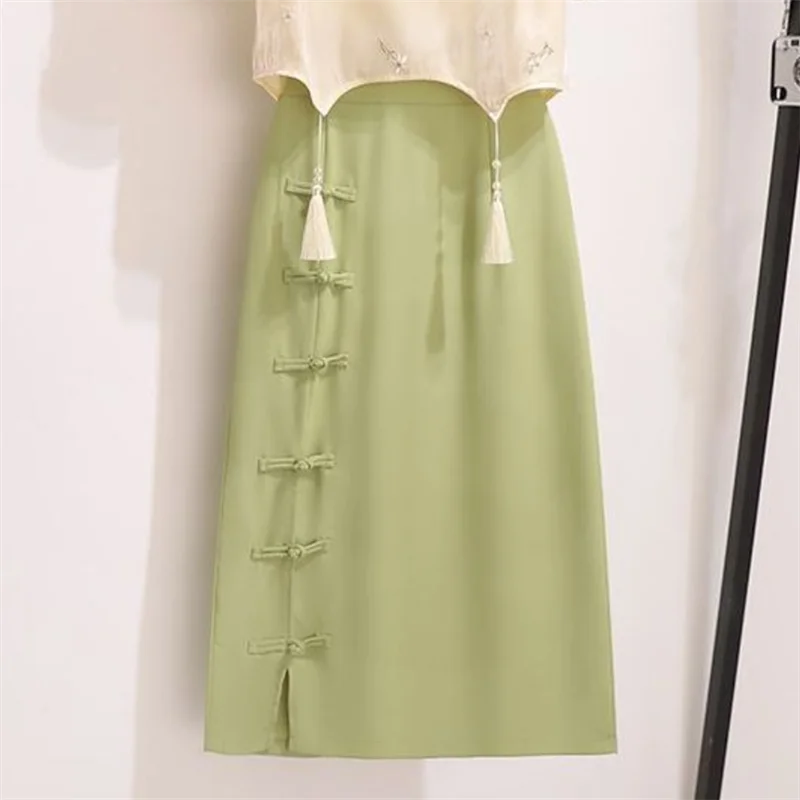 New Chinese Style Improved Qipao Dress Women Summer Retro Cheongsam Embroidery Short Sleeve Tops Green Skirt Two Piece Set