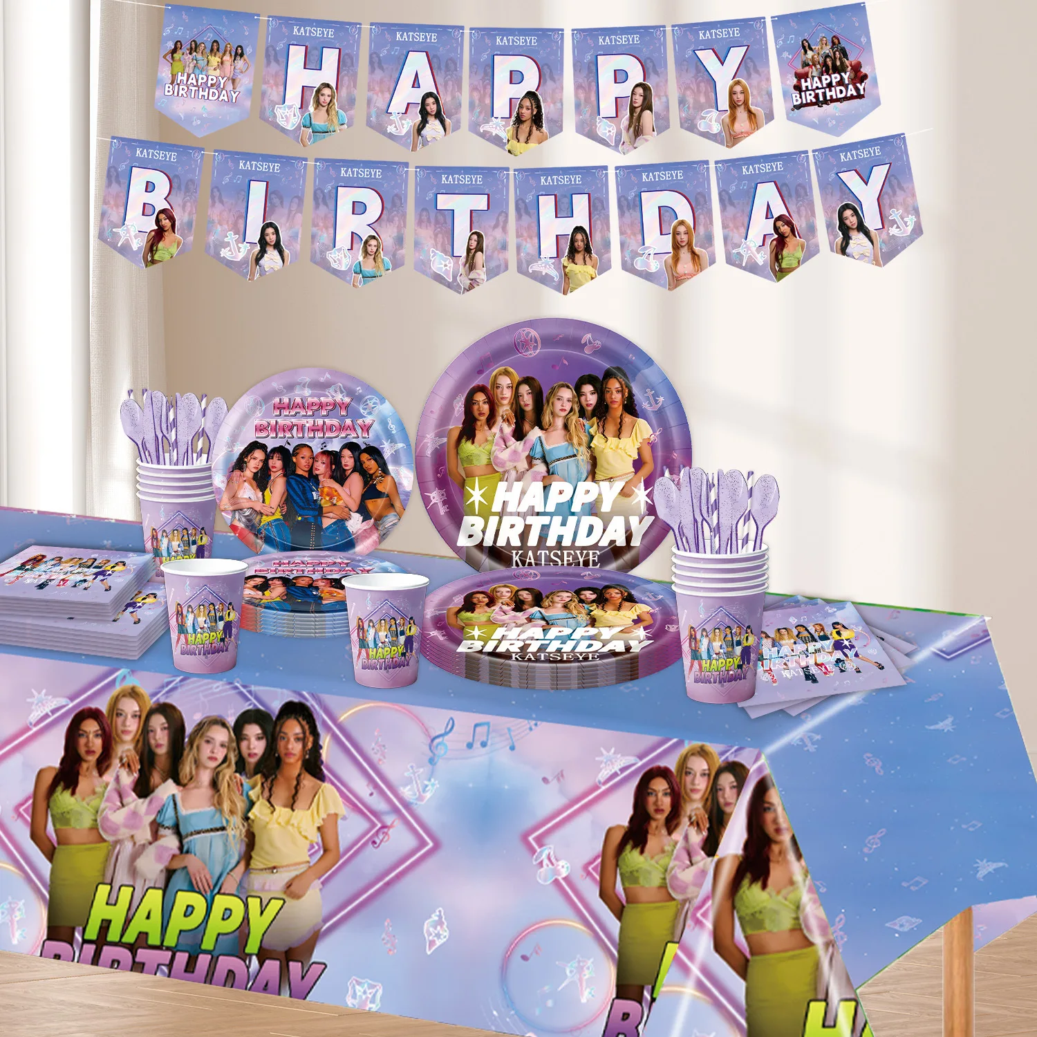 K&Katseye Idol Birthday Party Supplies Decoration Kpop Girl Cup Plate Flag Banner Balloon Cake Napkin Balloon Set Sticker Toys - view 5