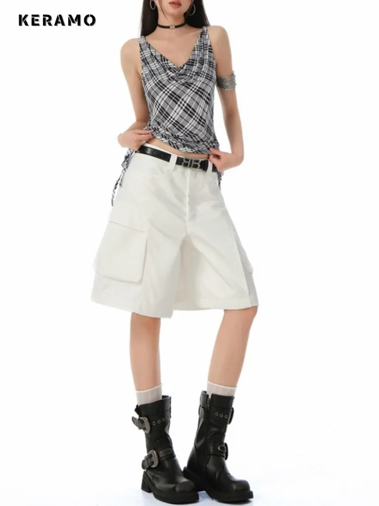 

2025 Summer Safari Style Solid Color High Waist Shorts Women's Casual High Street Wide Leg Loose Fit Unisex White Shorts