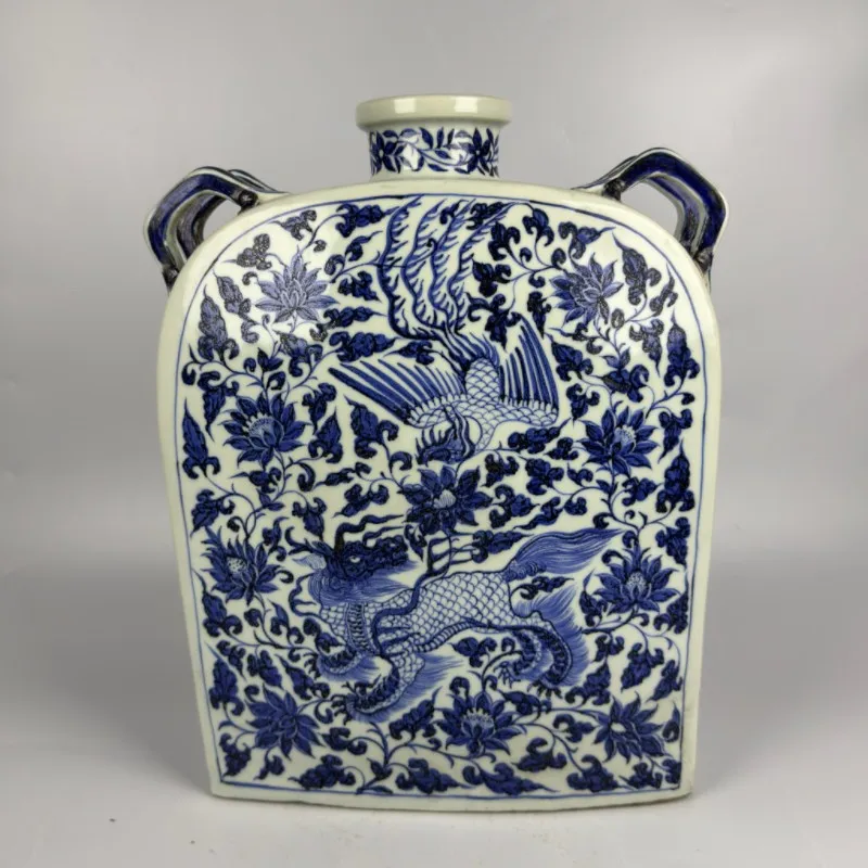 Chinese Yuan Blue and White Porcelain Kylin Phoenix Pattern Vase 14.8 inch Quad Series Flat Bottle