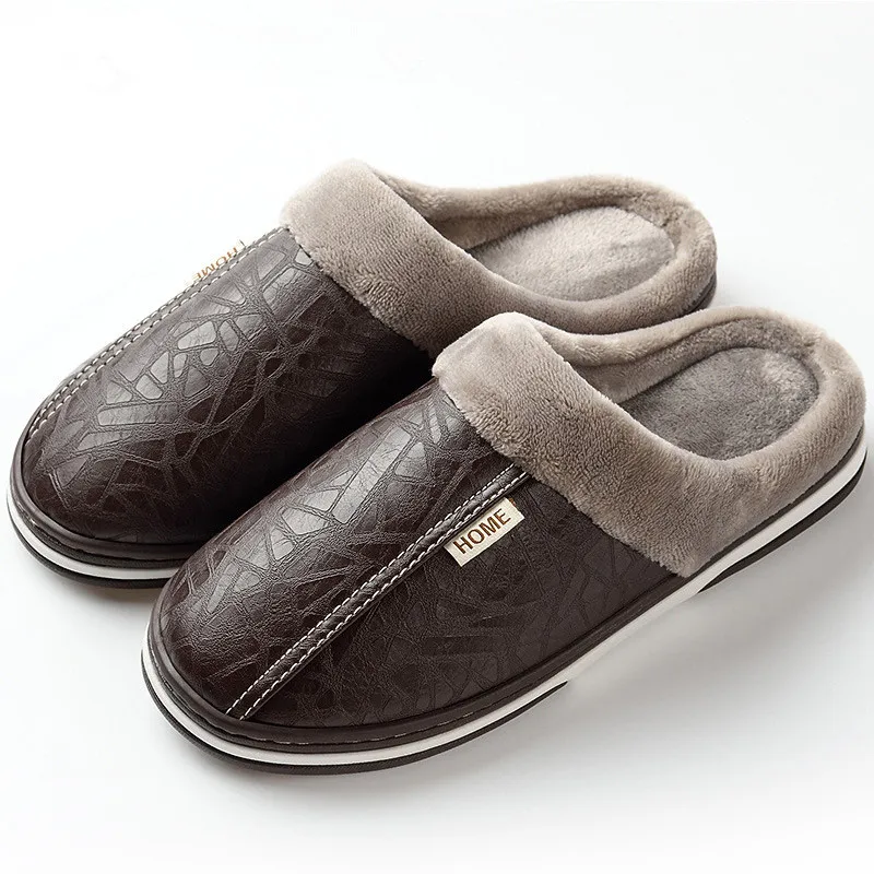 Mannen Slippers Indoor Pu Lederen Vrouwen Huis Waterdicht Warm Huis Bont Slipper Man Paar Schoenen Pluizige Grote Maat Casual Glijschoenen