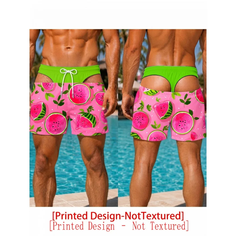 Pink Watermelon Slice Print Men Swim Trunks Quick Dry Drawstring Beach Shorts Funny Optical Illusion Board Shorts