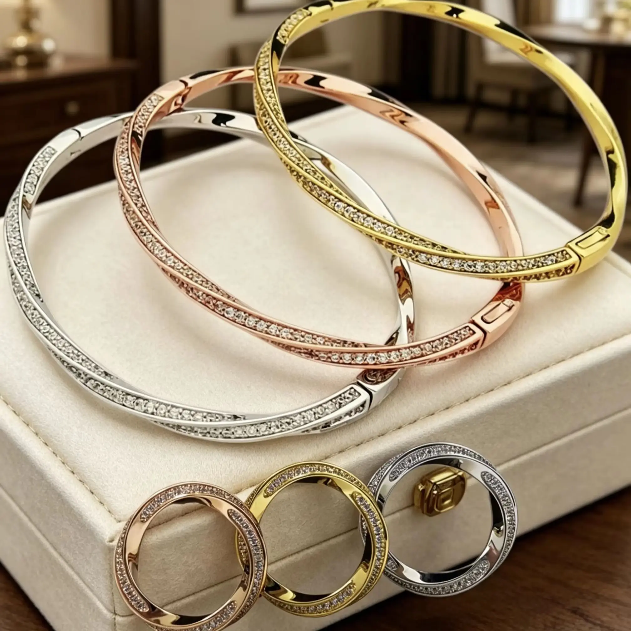 Luxury Women's Twisted Bracelet And Ring 925 Silver Plating Gold/Rose AAAAA+ Zircon High quality Jewelry Wedding Party Gift