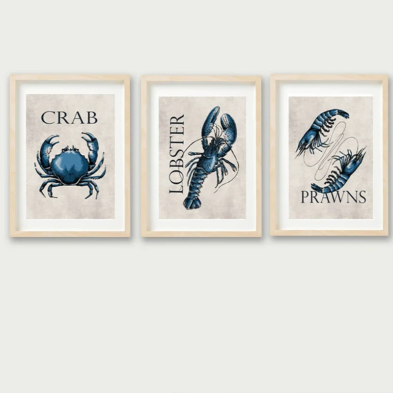 Blue Crab Lobster Prawns Seafood Poster Canvas Painting Modern Seafood Wall Art Picture for Room Home Coastal Kitchen Decor