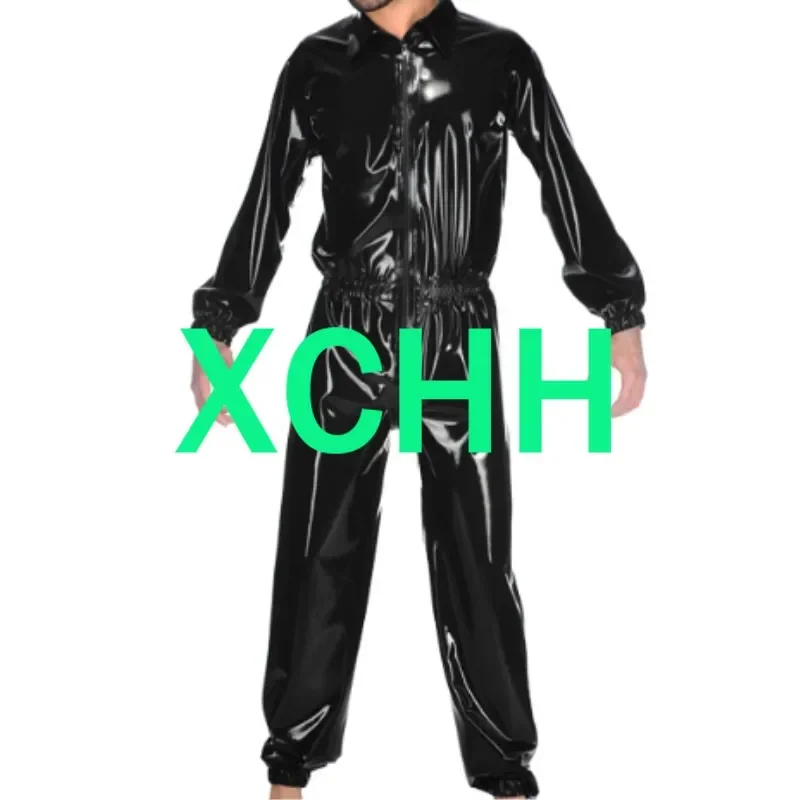 

Latex Natural 100% Rubber Uniform Wetlook Ruffle Black Latex Catsuit Men Latex Bodysuits Customize