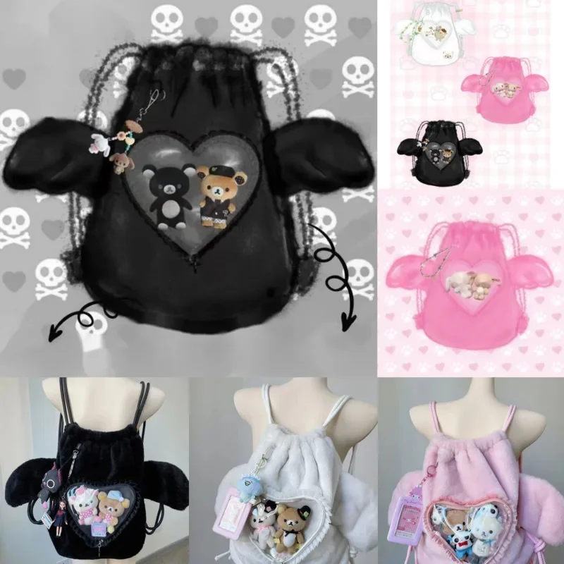 Plush Wings Itabag Y2k Bag Girl Cartoon Tassel Velvet Drawstring Fashion Backpack Angel Pain Bag Anime Messenger Backpack New