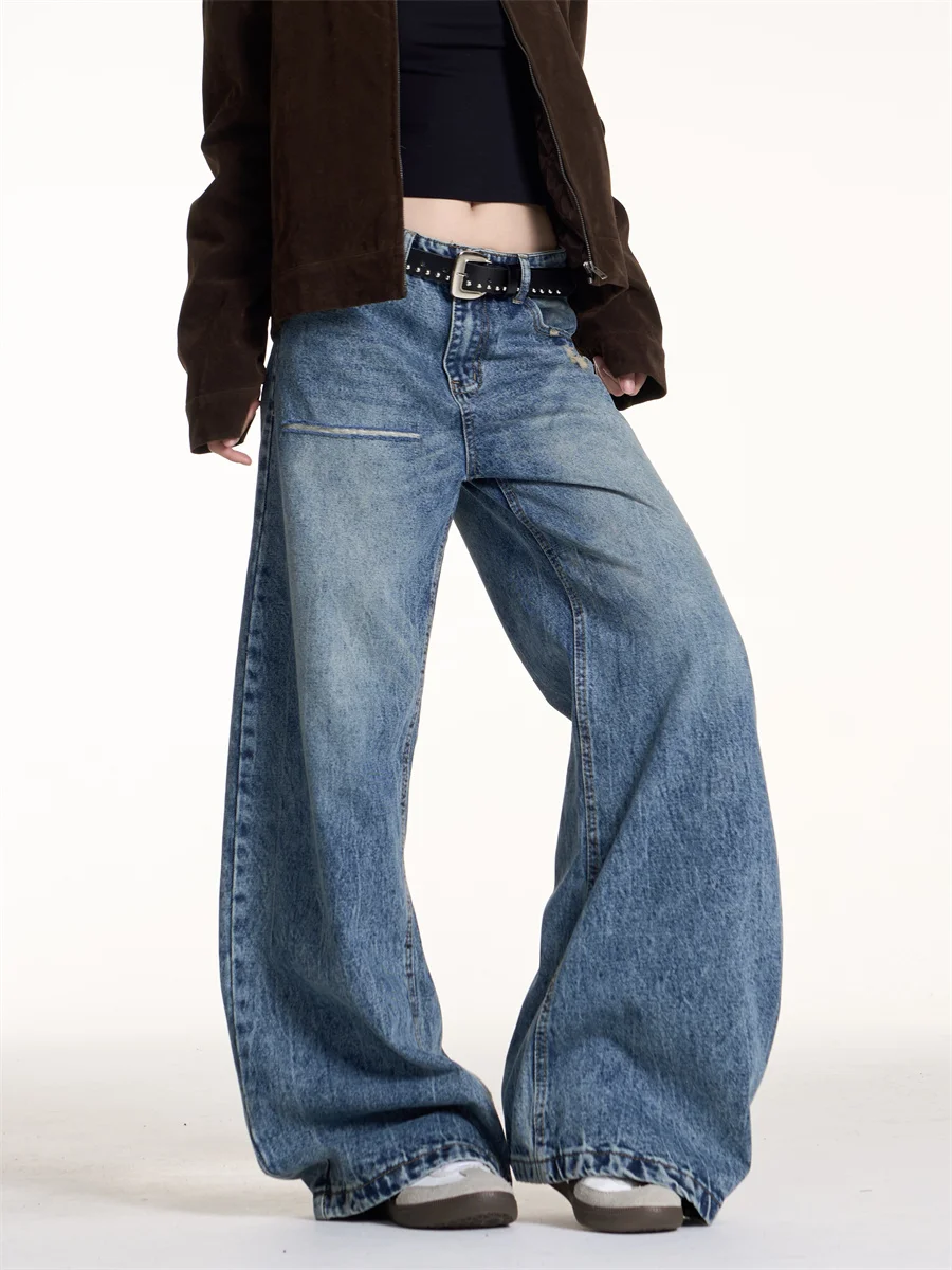 

Американские джинсы с низкой талией и широкими штанинами, женские свободные прямые брюки для похудения, весенние новые повседневные брюки из стираной ткани