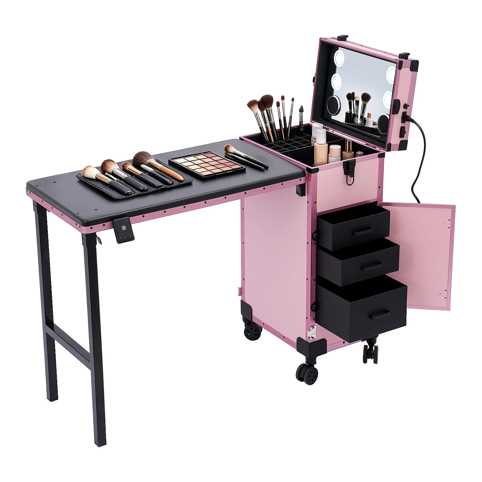 3-Layer Drawer Folding Travel Makeup Case, HD Tempered Mirror with 3-Color Light, Lockable Cosmetic Organizer Box with 2 Brake Wheels, 110-250V US Plug