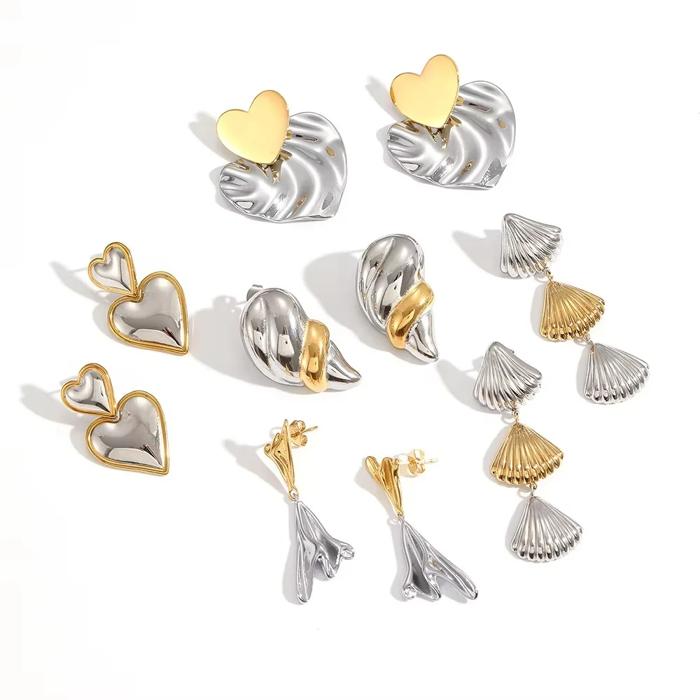 بسيطة الإبداعية الأزياء هندسية الملمس القلب قلادة الأقراط الفولاذ المقاوم للصدأ شل محارة على شكل الأقراط