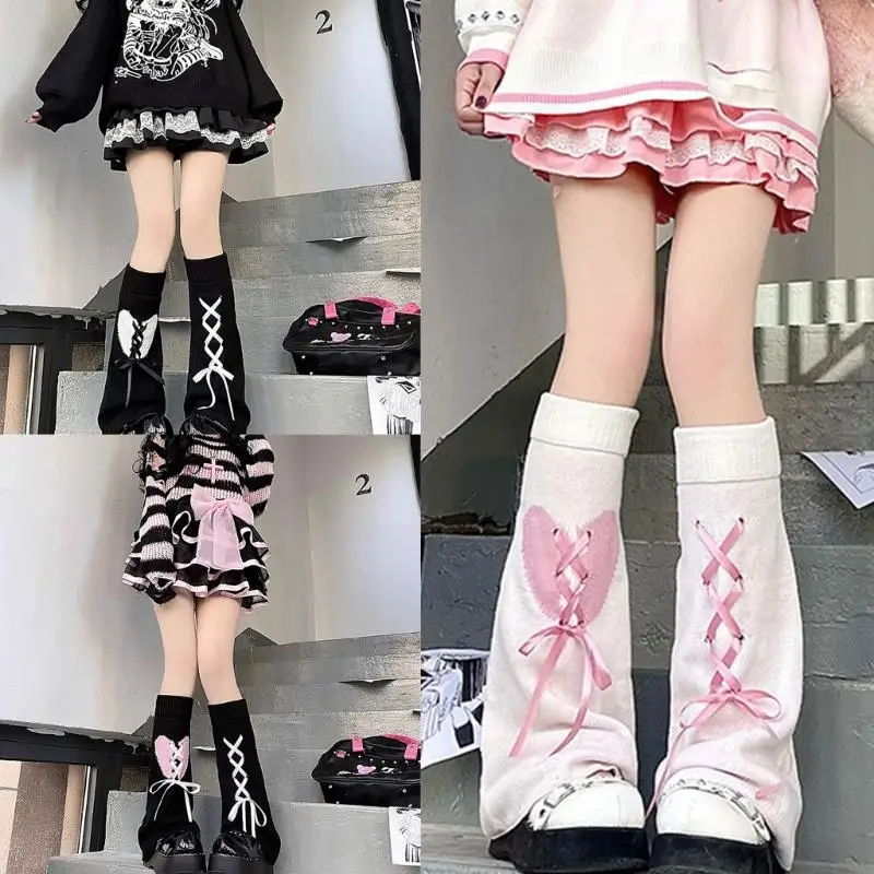 

L5YC Womens School Office Wear Subculture-Sweet Solid Color Stocking Bows Bandage Long Stocking for Daily Wear