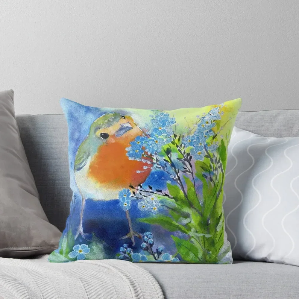 

European Robin and Forget Me Nots watercolor painting by Laura Rispoli Throw Pillow Sofa Decorative Covers pillow