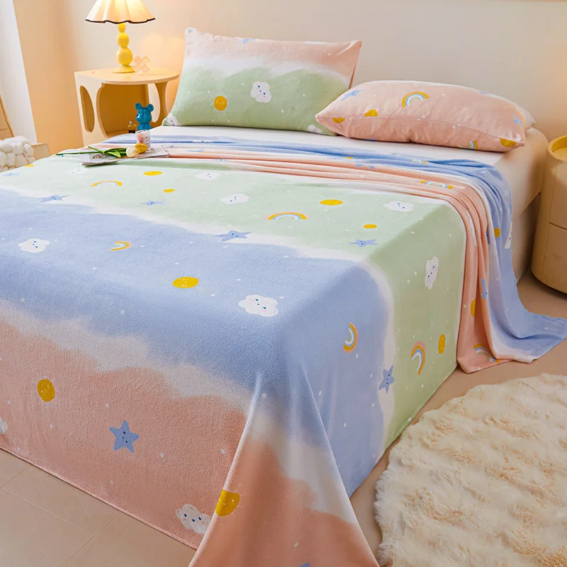 

Rainbow Fantasy Bed Flat Sheet with Pillowcases Milk Velvet Warm Bedding Set Top Sheets for Kids Teens Adults Bedroom Decoration