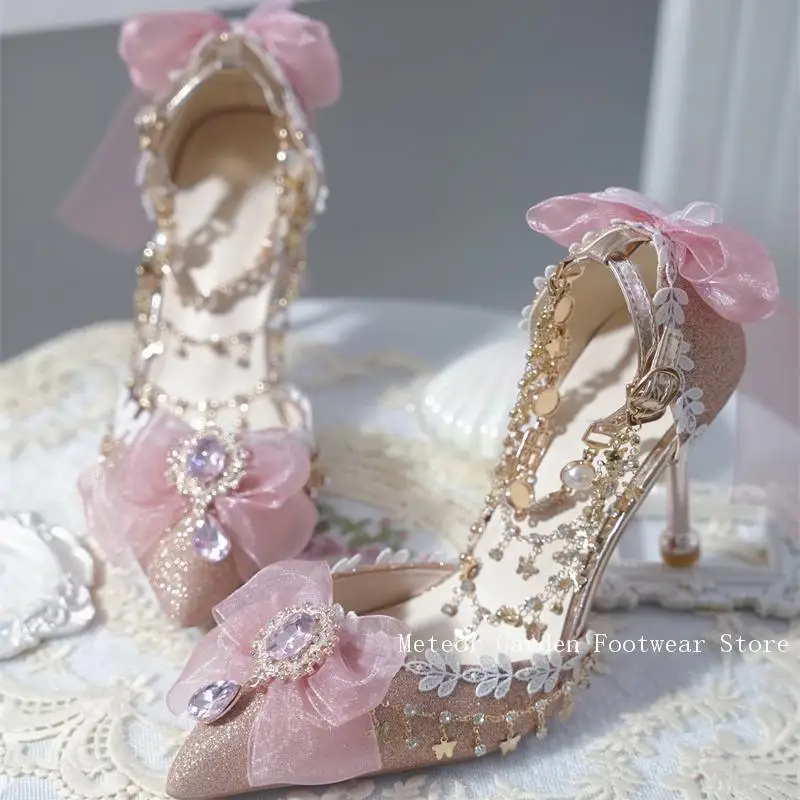 

Handmade Sweet Lolita Sandals Bows Rhinestones Pointed Toe Bow Ankle Strap Buckle Pink Dress Wedding Shoes High Heel for Women
