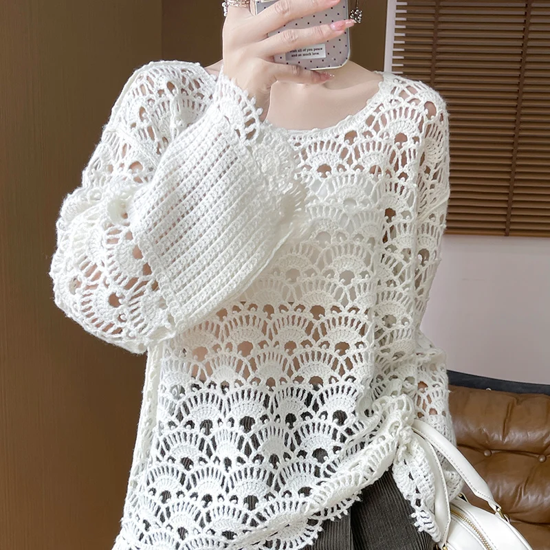 24 New High-End Wool Sweater Women's Pullover Solid Color Hollow Jacquard 100% Pure Wool Fashionable Loose Knitted Wool Sweater