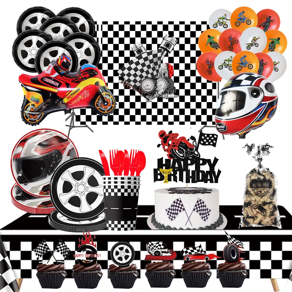 Race Car Birthday Decor Black and White Checkered Red Helmet motorcycle Helmet Tableware Paper Plates Napkins Cups Party Supplie