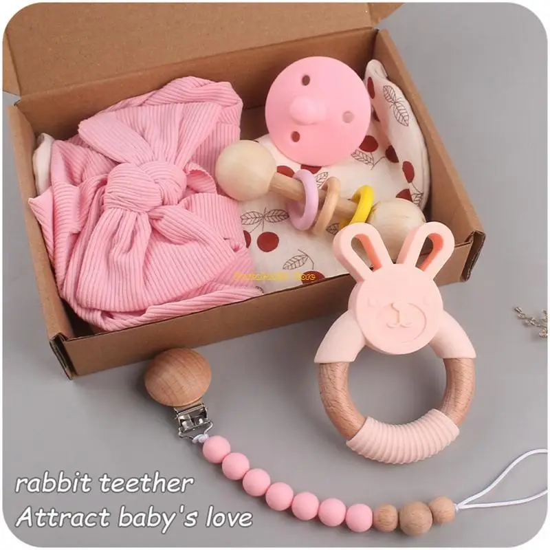 

WXTD Baby Teething Shower Gift Pacifier Drooling Bib Infant Teeth Pain Relief Toy Set