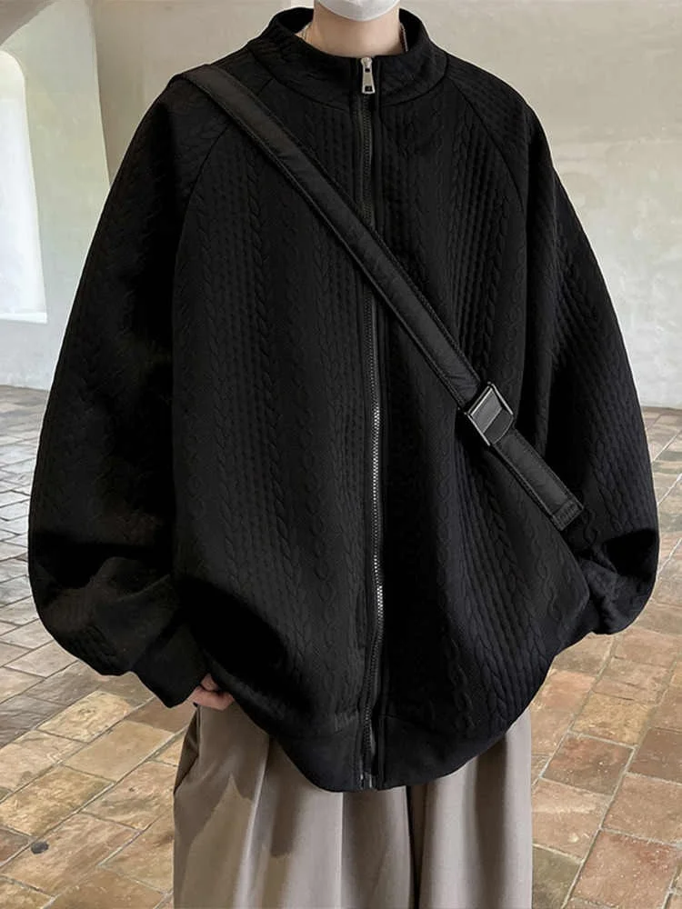 

Модная мужская бейсбольная куртка с плетеными элементами, свободного кроя, на молнии, из полиэстера, молодежная, с ромбовидным узором, с высоким воротником