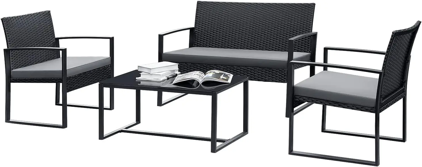 Patio Set 4 Stuk Veranda Meubels Met Kussens Rotan Gesprek Sofa Set Metalen Patio Tafel En Loveseat Stoelen