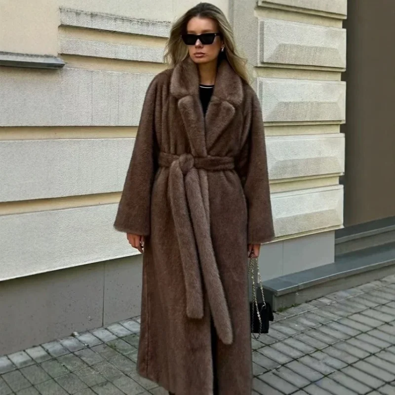 Women Solid Faux Fur Long Coats Fashion Lapel Full Sleeve Fluffy Luxury Loose Outerwears Lady Extended Belt Designed Outwear