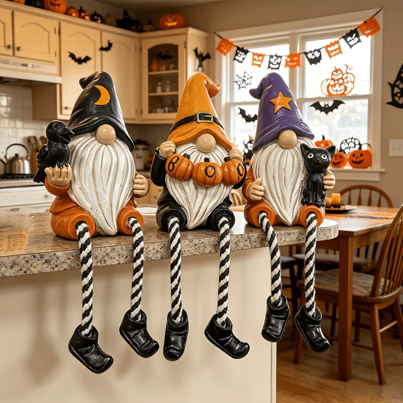 Halloween Gnome Ornaments 3pcs Crow Pumpkin Black Cat Tricolor Dwarfs Hand-Painted Goblin Resins Window Holiday Gifts Halloween